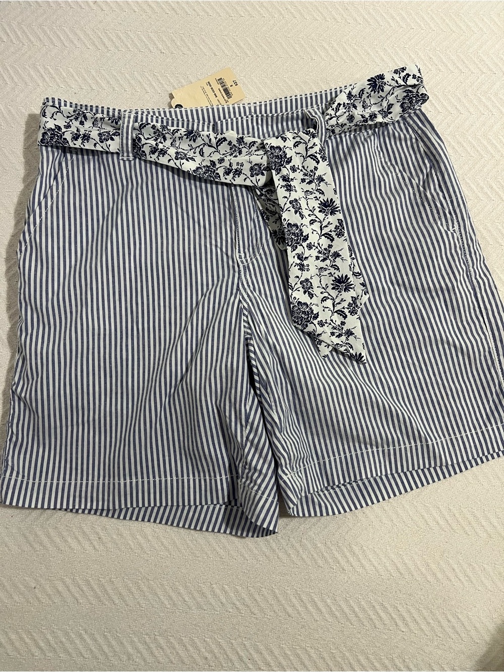 St. John's Bay Blue and White Striped Shorts with Floral Tie size 8